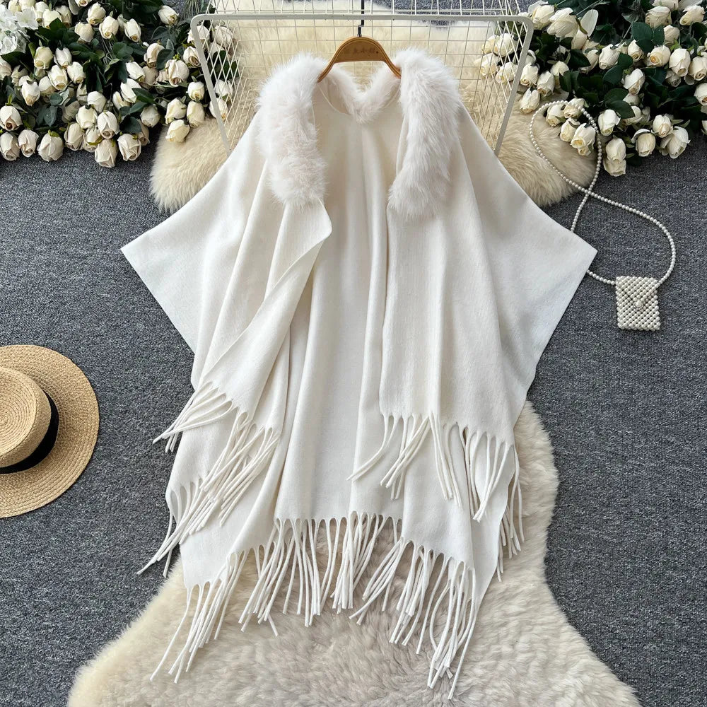 Faux Fur Trim Tassel Knit Poncho