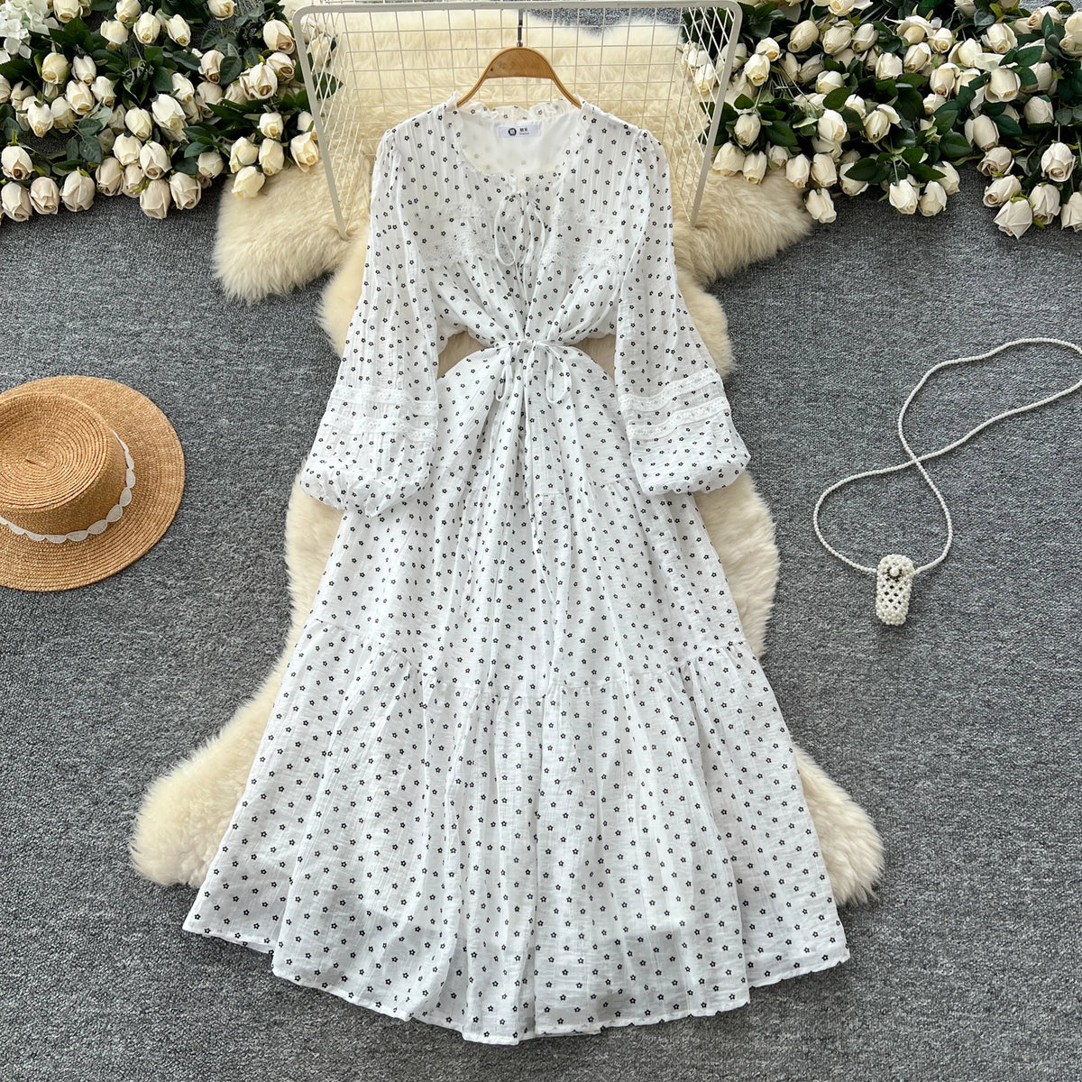 Boho Lace Lantern Sleeve Maxi Dress