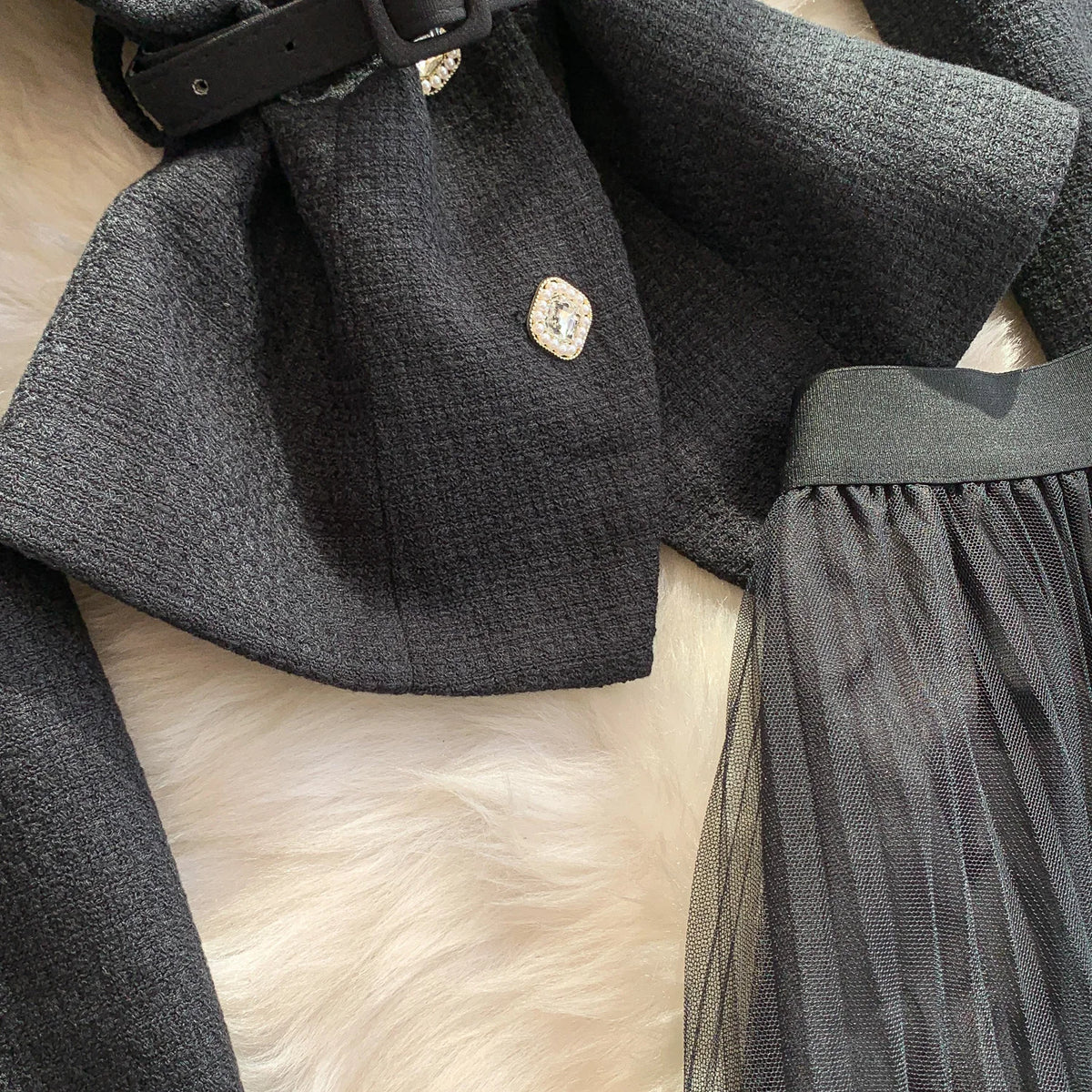 Mesh Button Long Sleeve Dress Set