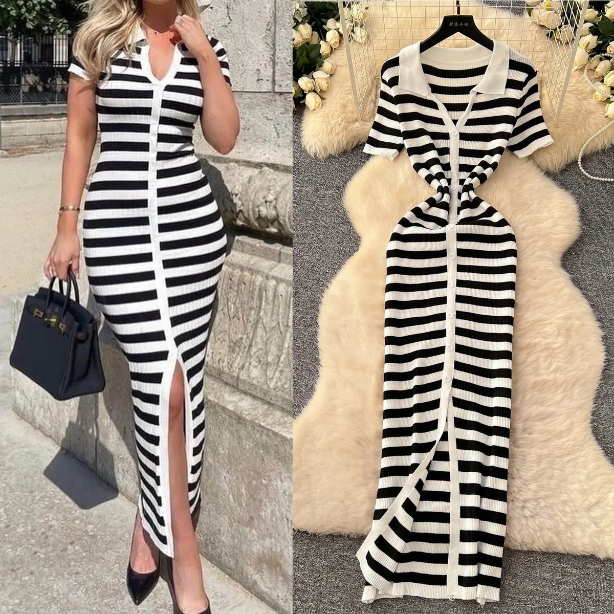Black And White Striped Knit Bodycon Maxi Dress