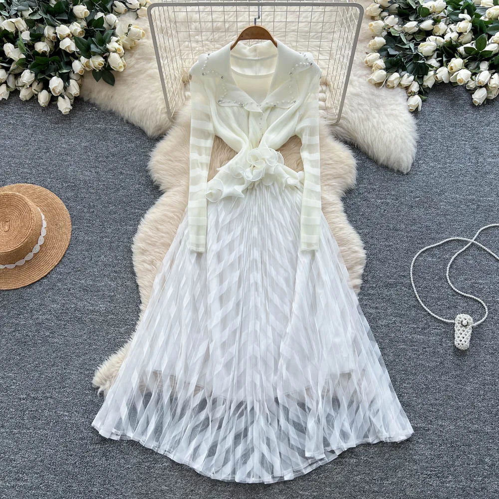 Notched Ruffle Long Sleeve Dress