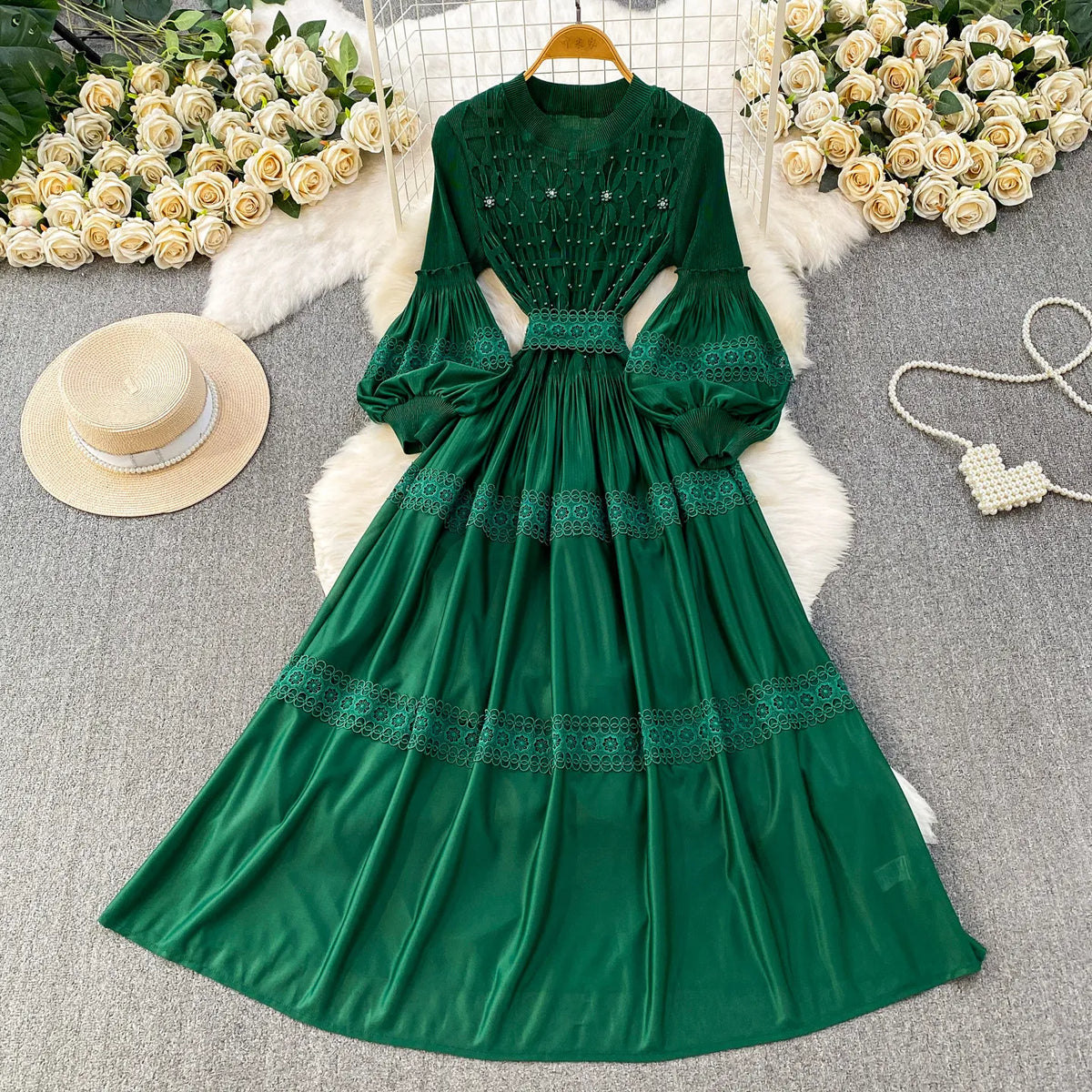 Lace Patchwork Lantern Sleeve Maxi Dress