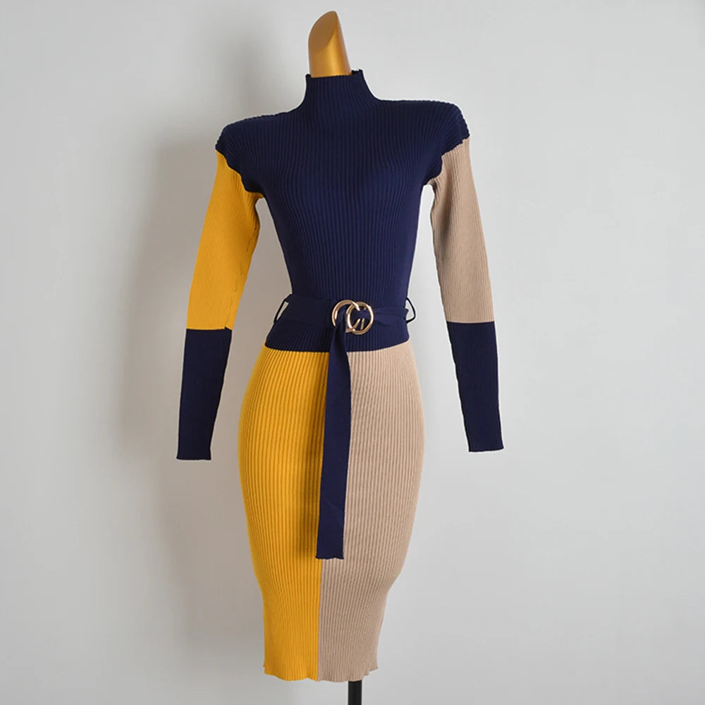 Belted Turtleneck Rib Knit Pencil Dress