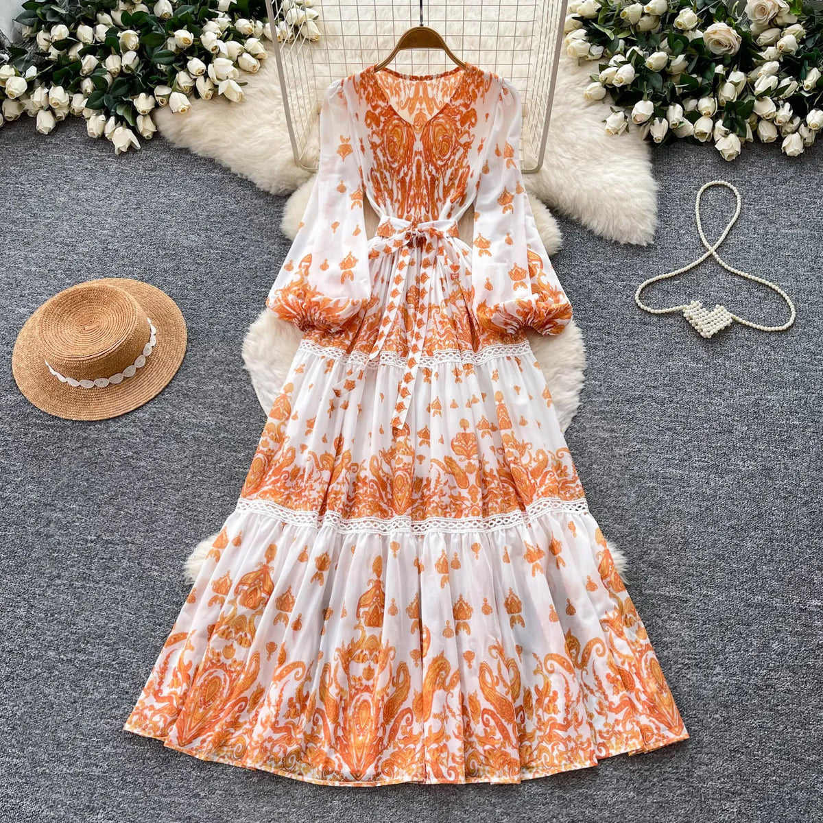 Print Cutout Pleated Swing Maxi Dress