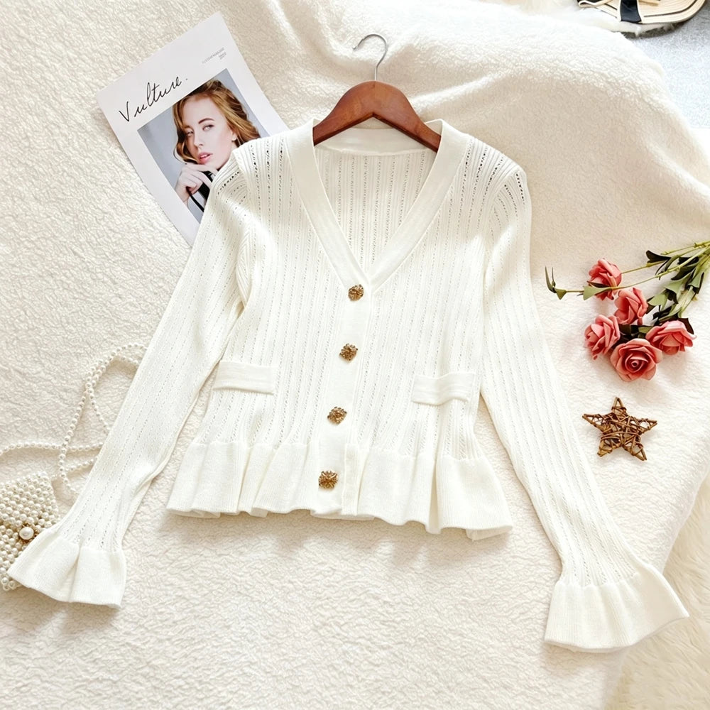 Rhinestone Ruffled Knit Cardigan