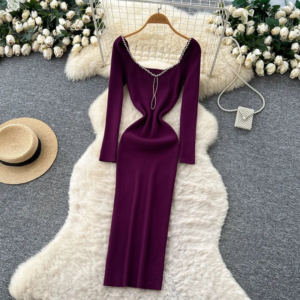 Rhinestone Long Sleeve Bodycon Maxi Dress