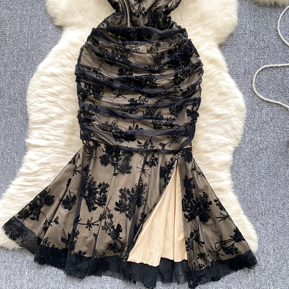 Print Pleated Short Sleeve Mermaid Dress