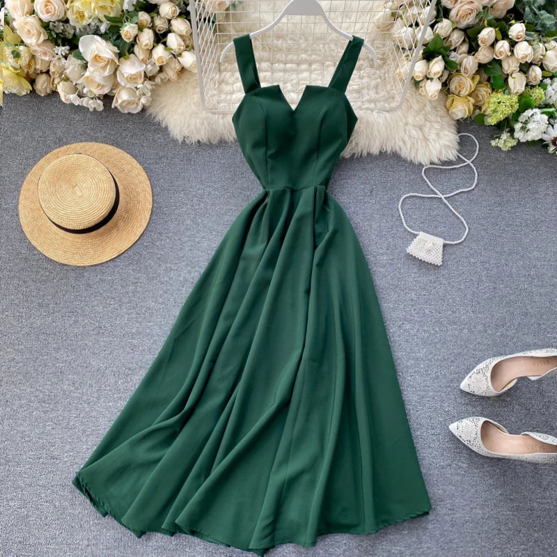 Backless Tie-Waist Flare Slip Dress