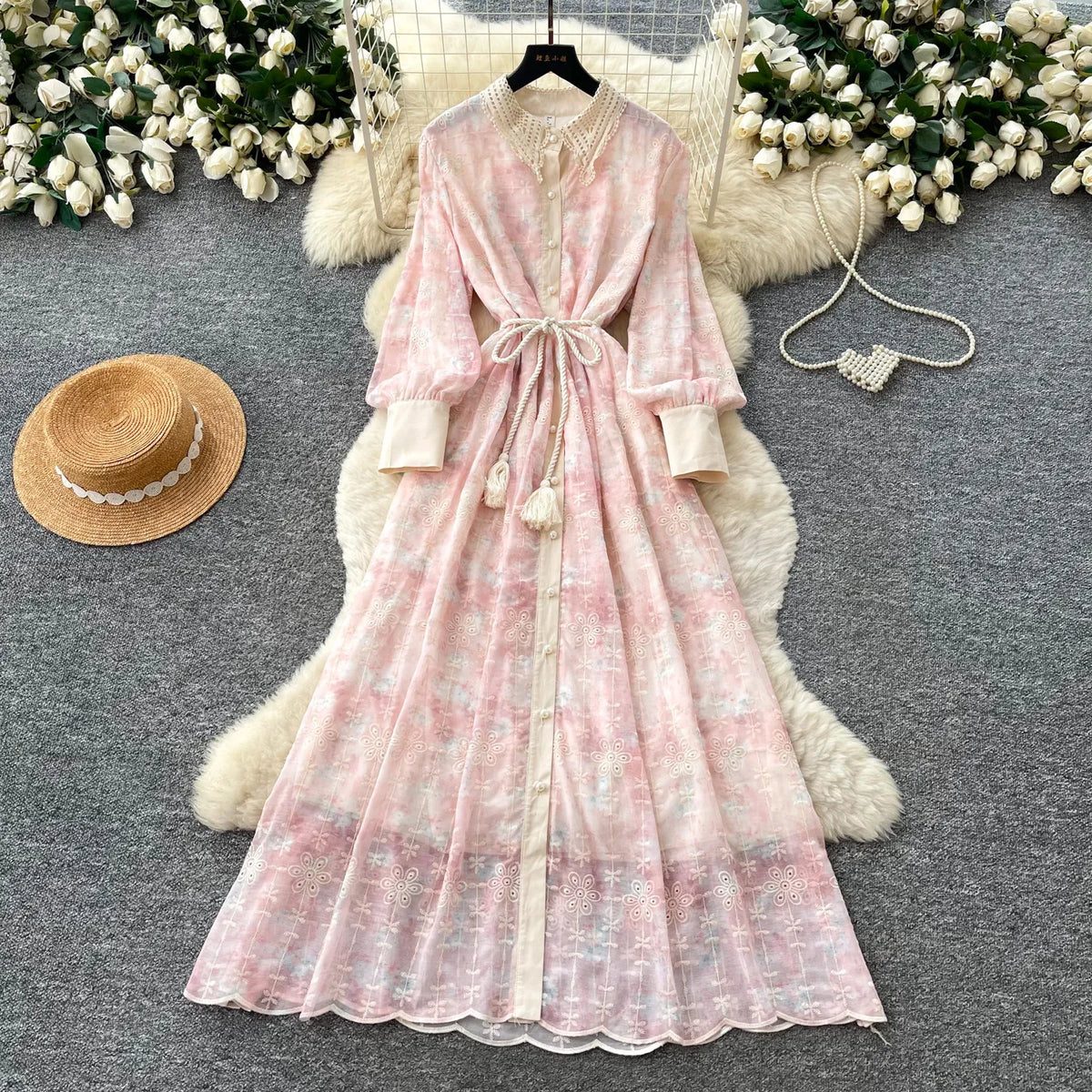 Embroidered Print Lantern Sleeve Maxi Dress