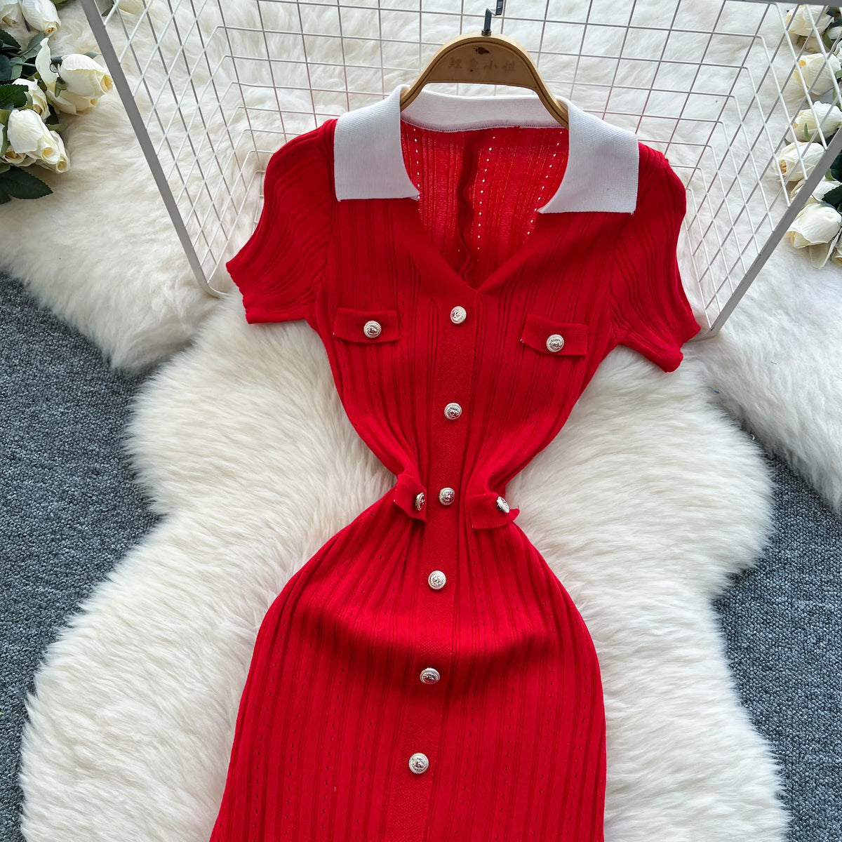 Patchwork Button Front Knit Maxi Dress