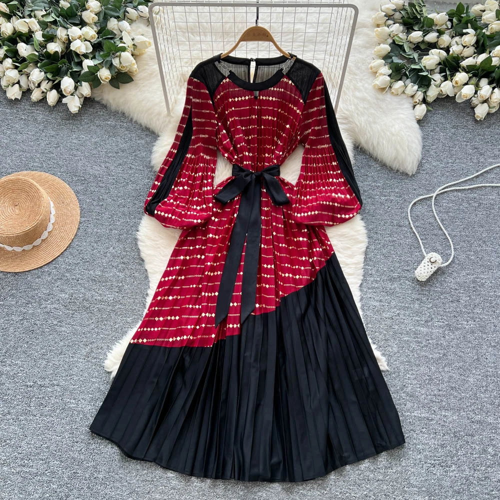 Spliced Print Slim Long Dress