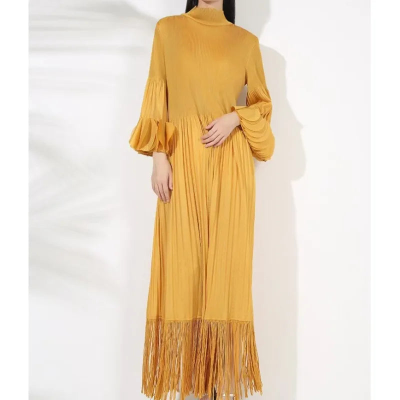 3D Petal Sleeve Turtleneck Pleated Maxi Dress