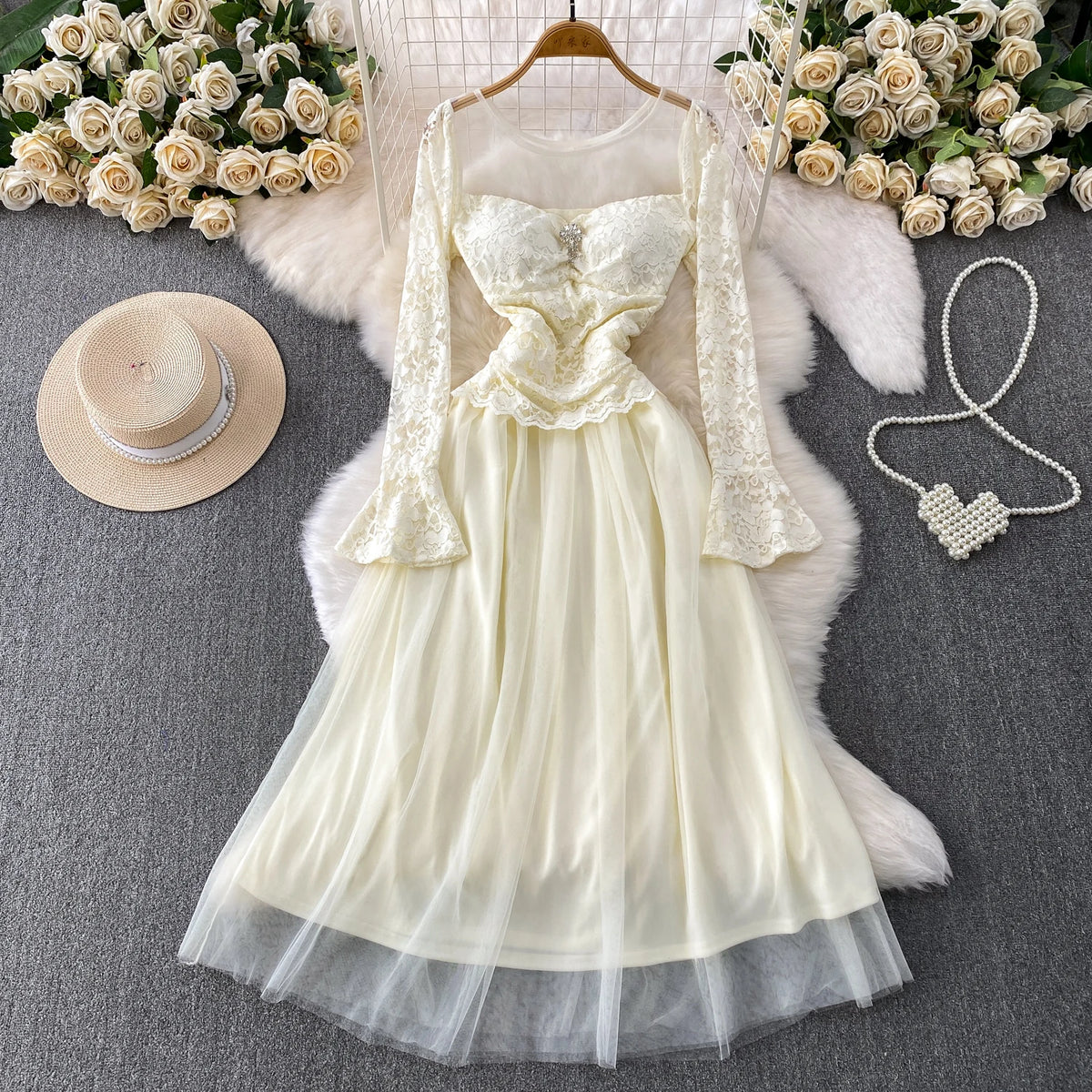 Lace Paneled Long Sleeve A-Line Dress