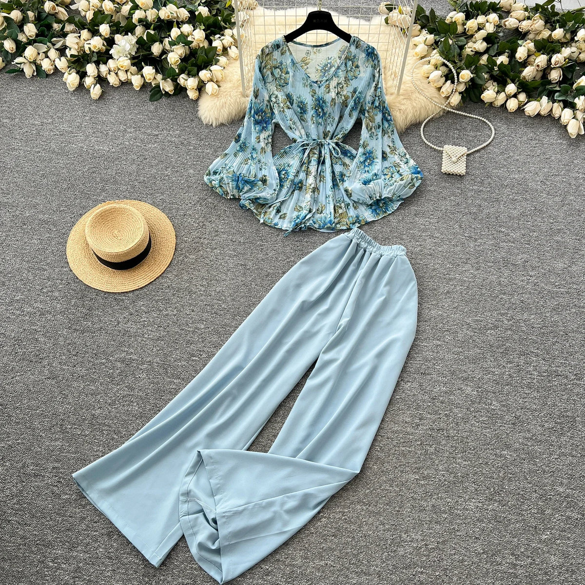 Print Lantern Sleeve Top and Wide Leg Pants