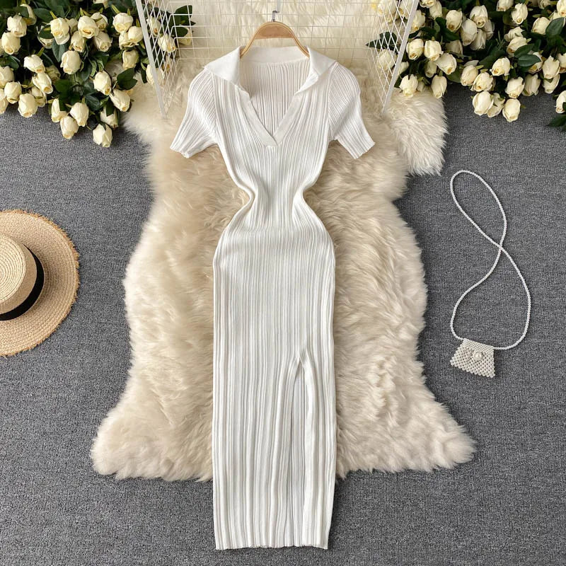 Striped Knit Collared Wrap Bodycon Dress