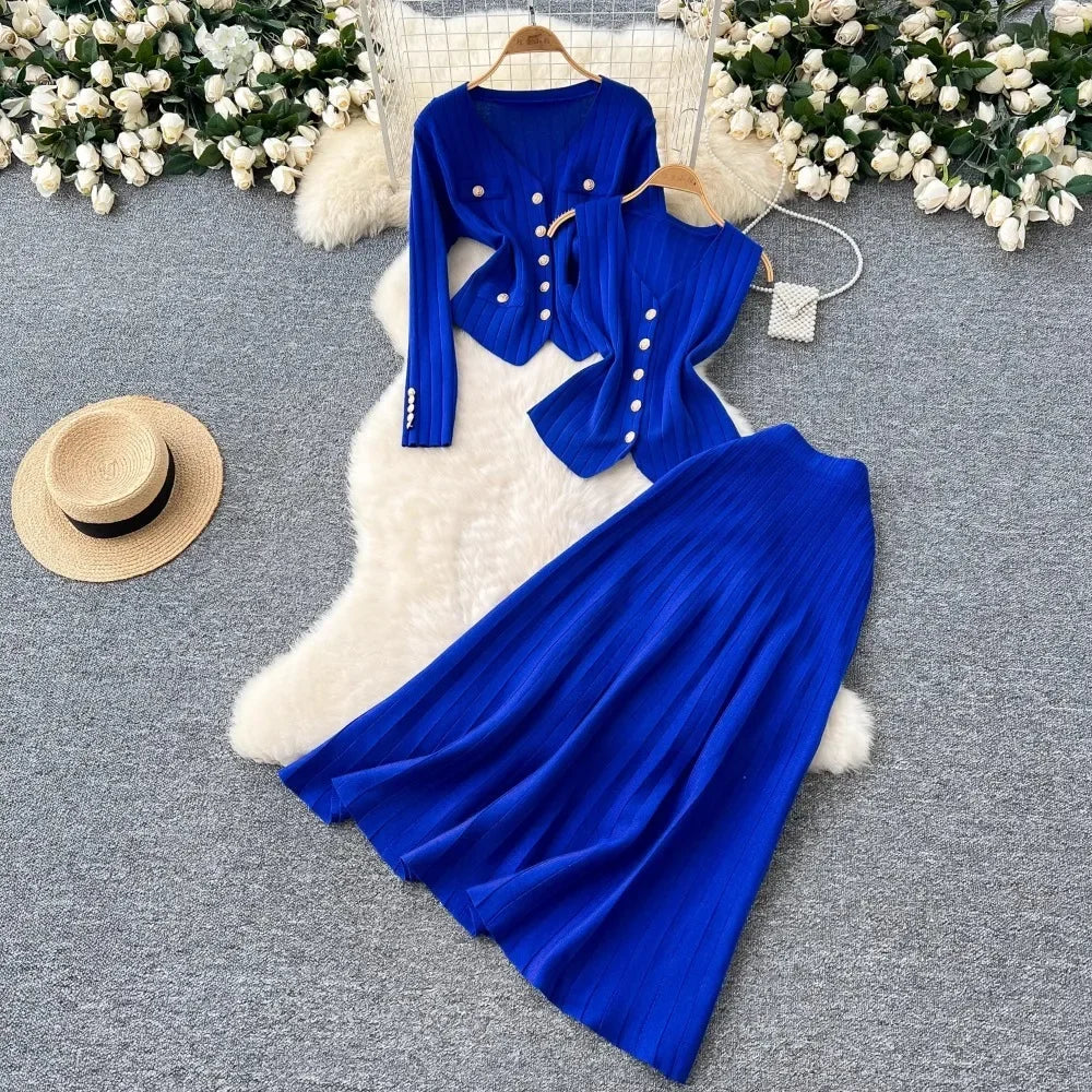 Knit Vest Cardigan and Skirt Three Piece Set