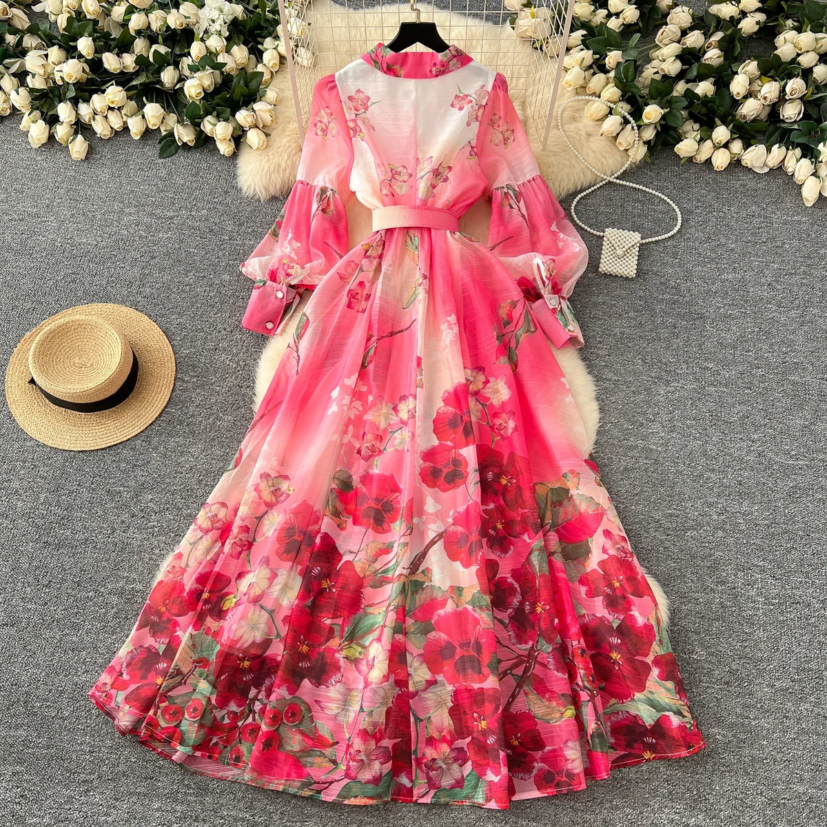 Notched Collar Print Sash Evening Dress