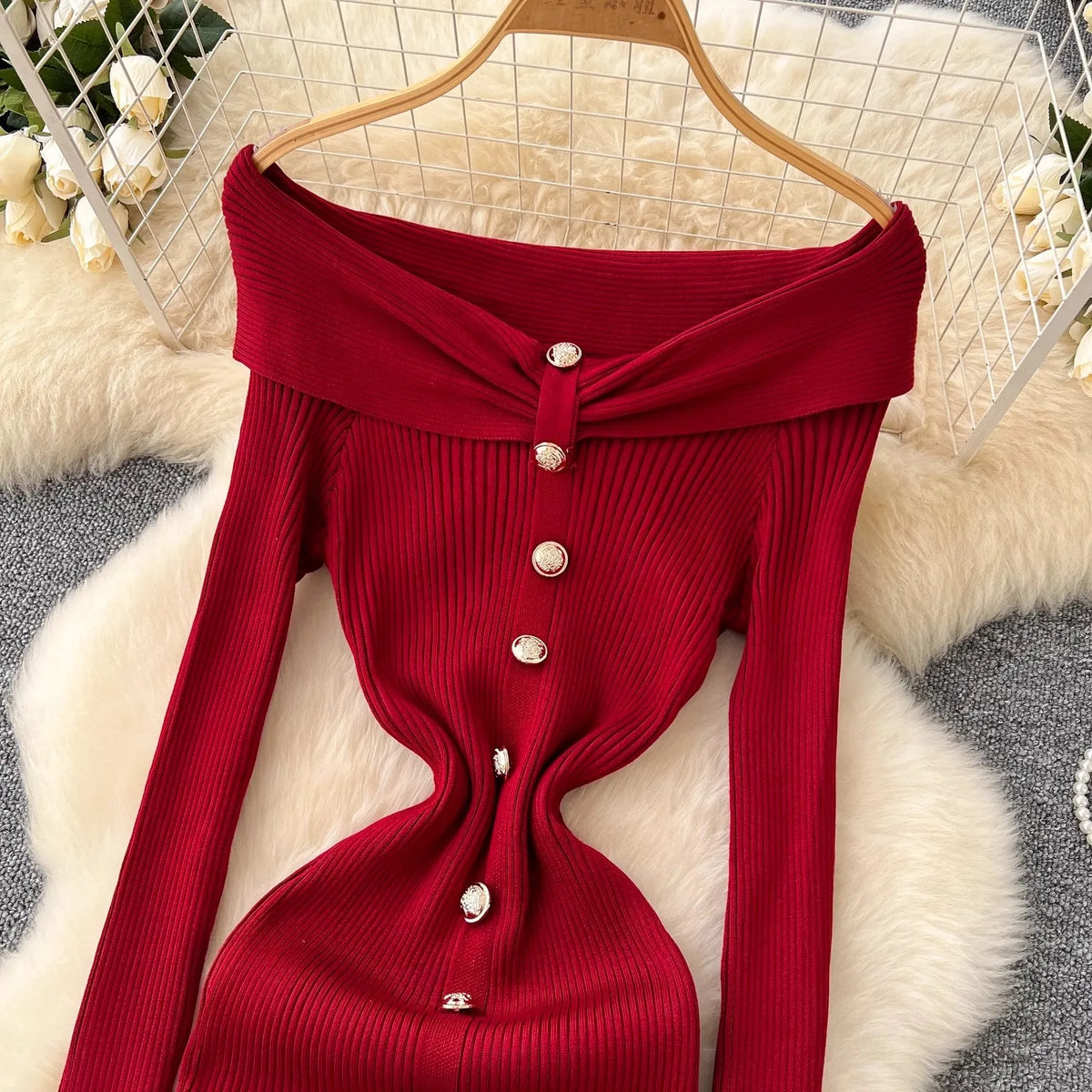 Off-Shoulder Button Slit Knit Bodycon Dress