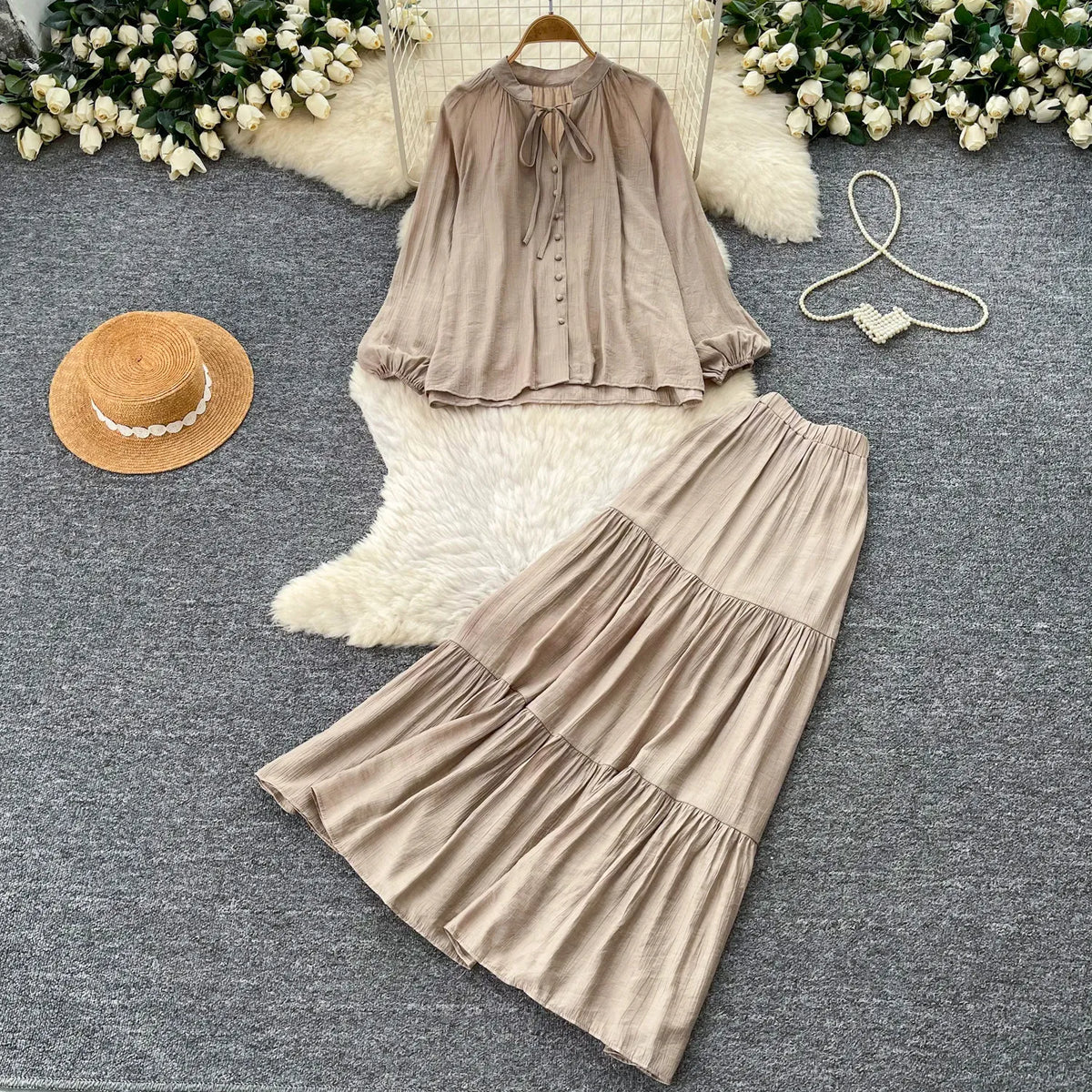 Tie Front Shirt and A-Line Skirt Set