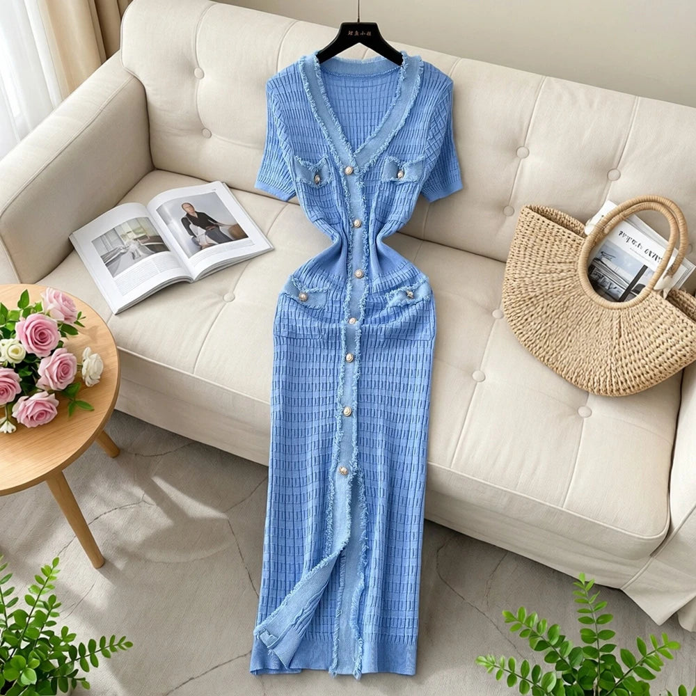 V-Neck Knit Office Bodycon Dress