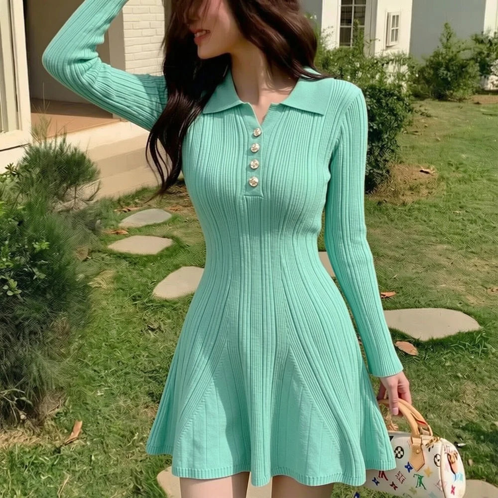 Slim Waist Knit A-Line Mini Dress