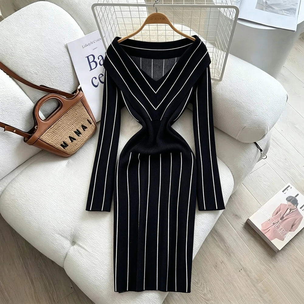 V-Neck Long Sleeve Knit Bodycon Dress