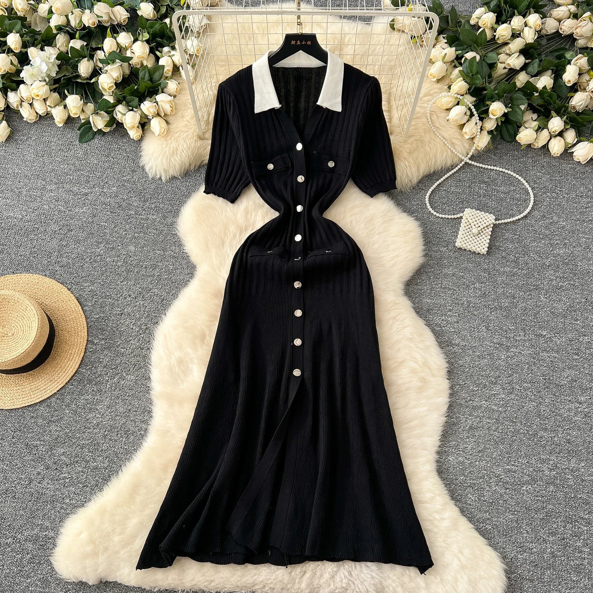 Patchwork Knit Collared Button Front Dress