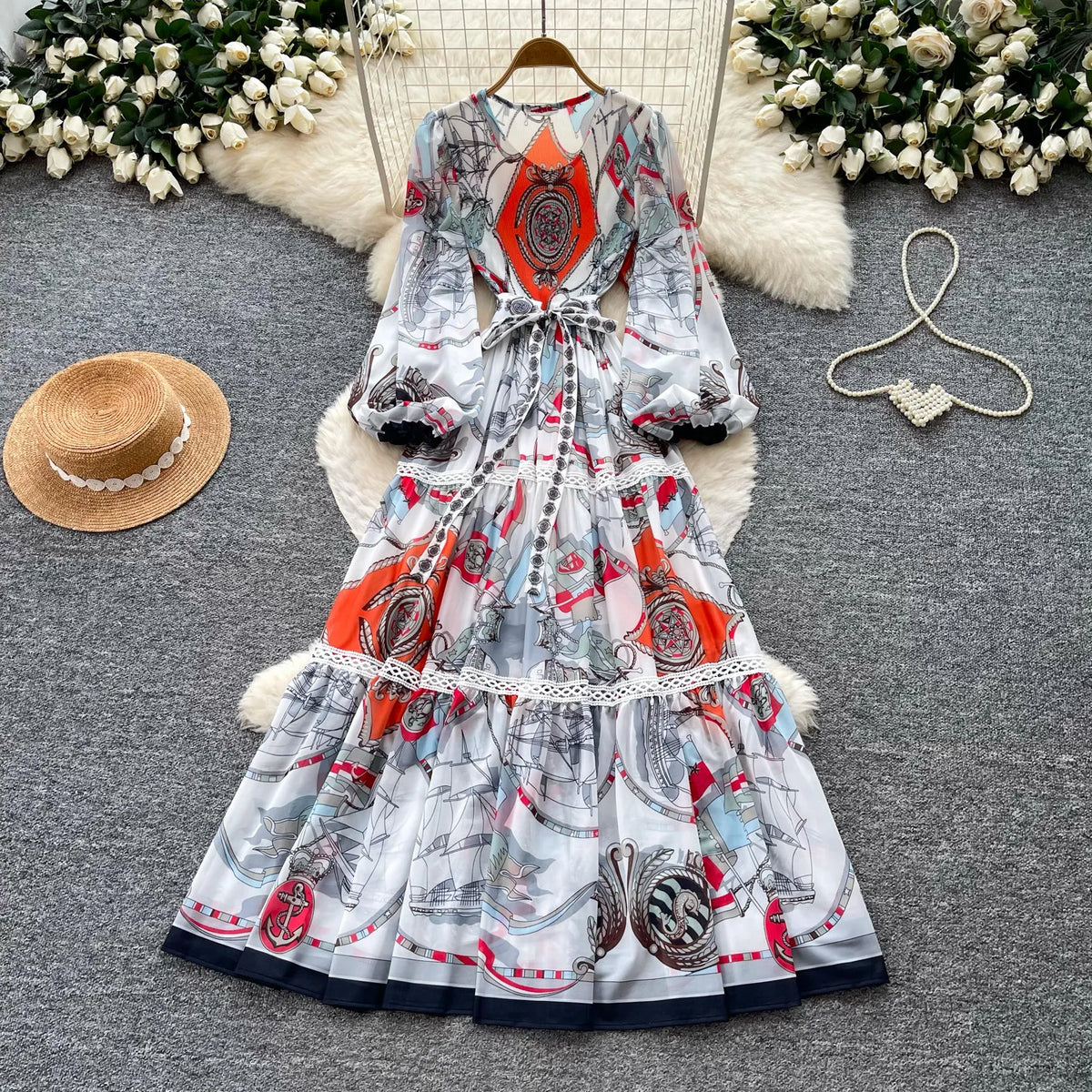 Print Cutout Pleated Swing Maxi Dress