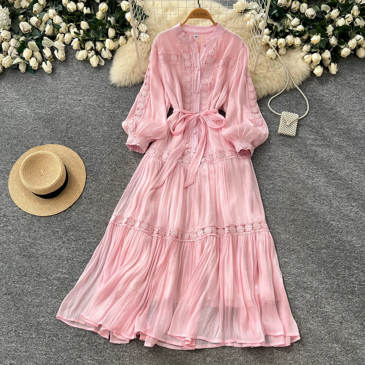 Jacquard Puff Sleeve Ruffle Swing Dress