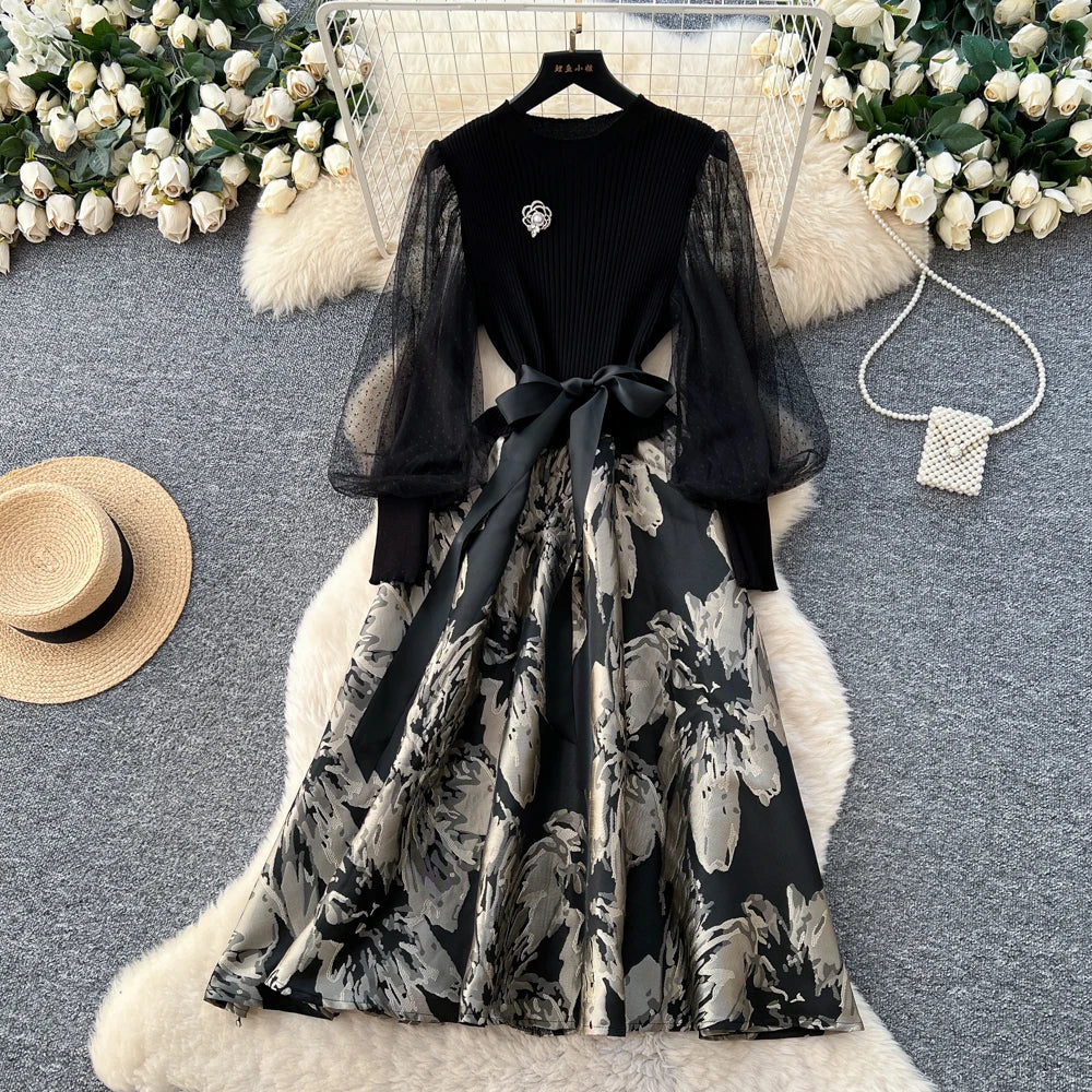 Mesh Layered Look Long Sleeve Party Dress