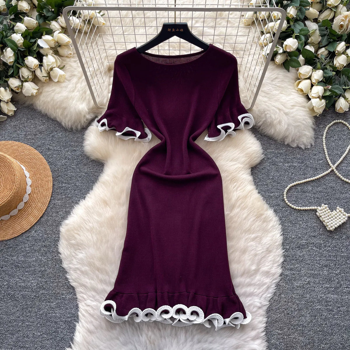 Ruffle Trim Knit Bodycon Pencil Dress