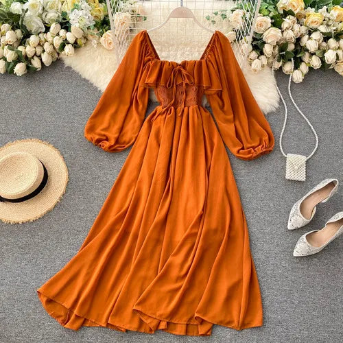 Ruffle Chiffon Puff Sleeve A-Line Dress