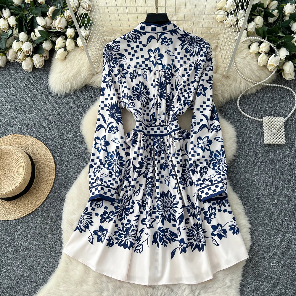 V-Neck Print Slim Long Sleeve Dress