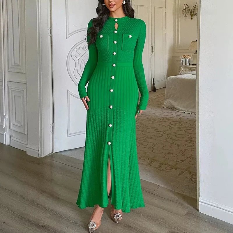 Button Front Knit Maxi Sweater Dress