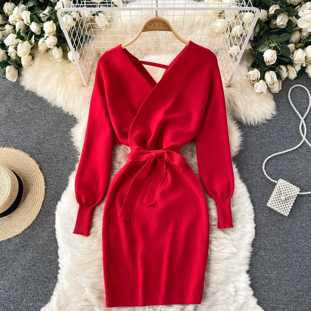 Sash Tie Knit Bodycon Mini Dress