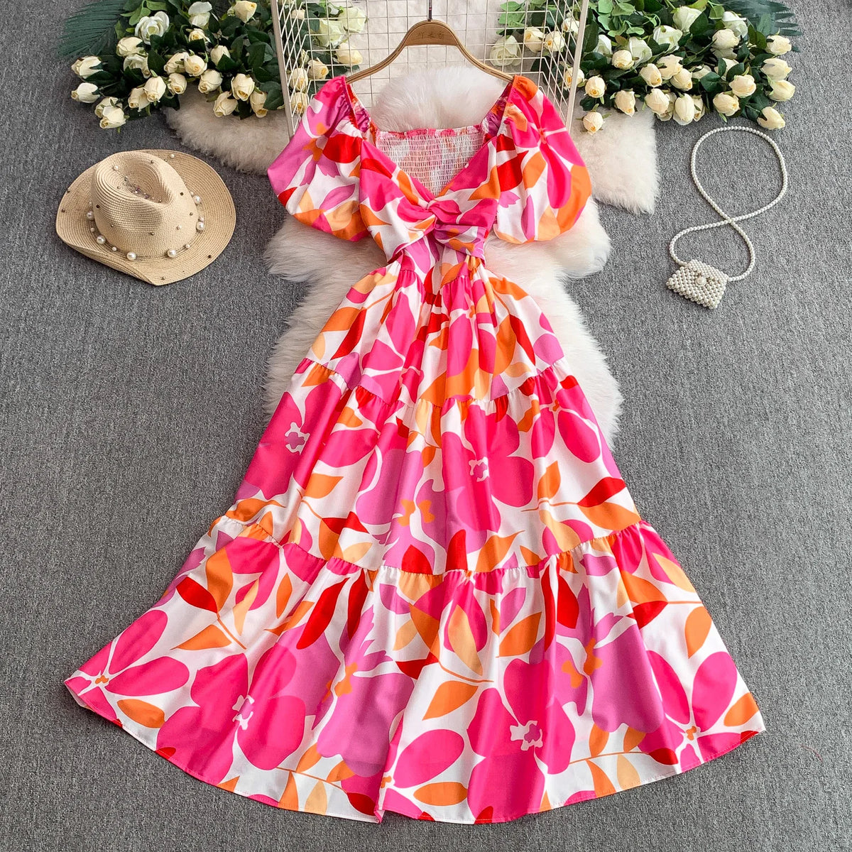 Slim V-Neck Print Evening Dress