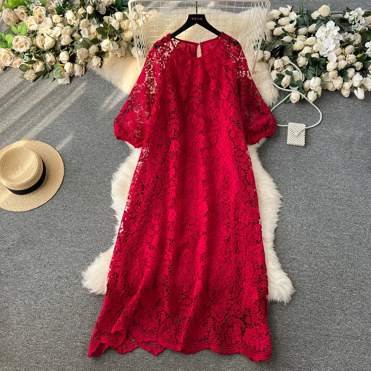 Crochet Lace Chiffon A-Line Dress