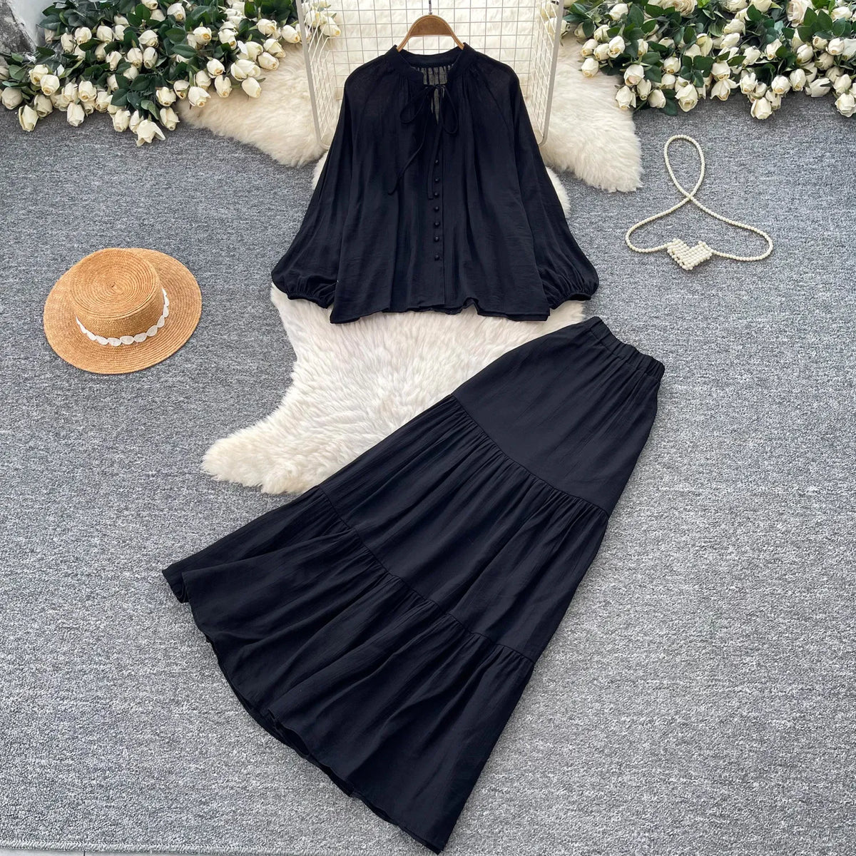 Tie Front Shirt and A-Line Skirt Set