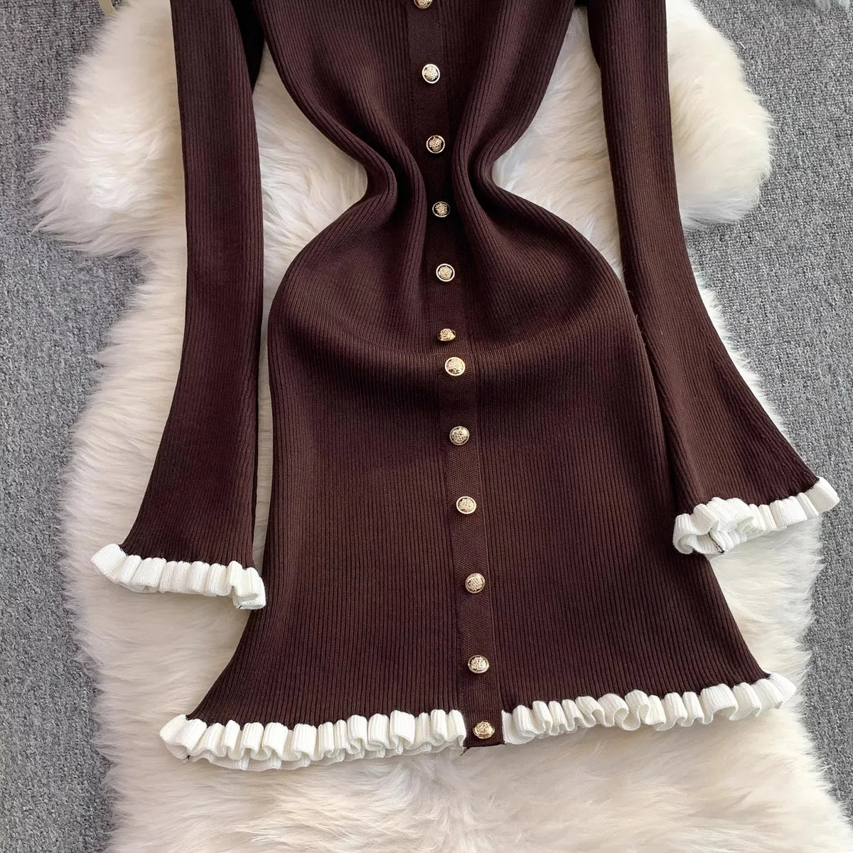 Collared Ruffled Knit Wrap Mini Dress