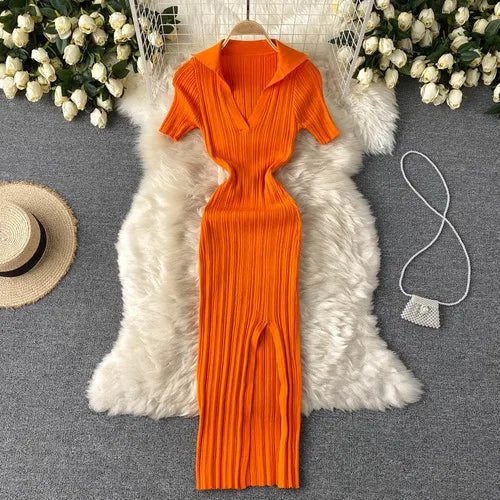 Striped Knit Collared Wrap Bodycon Dress