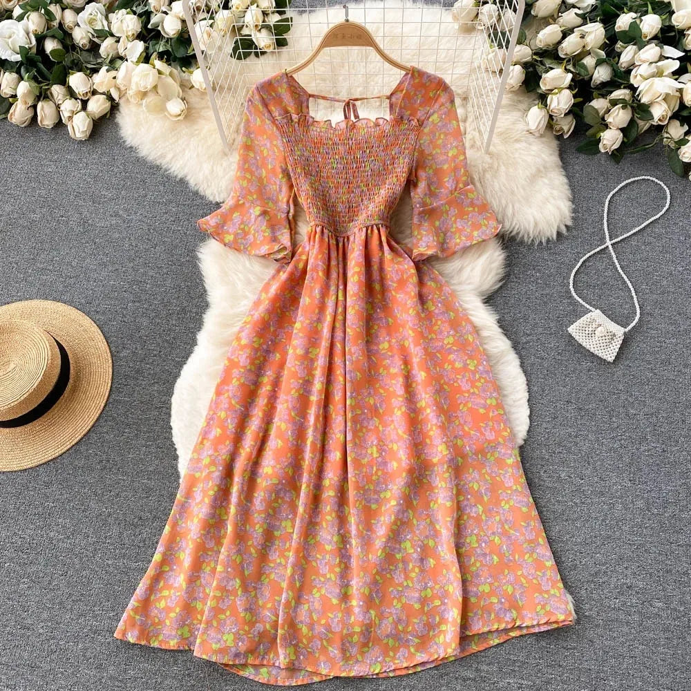 Floral Puff Sleeve Elastic Waist Dress