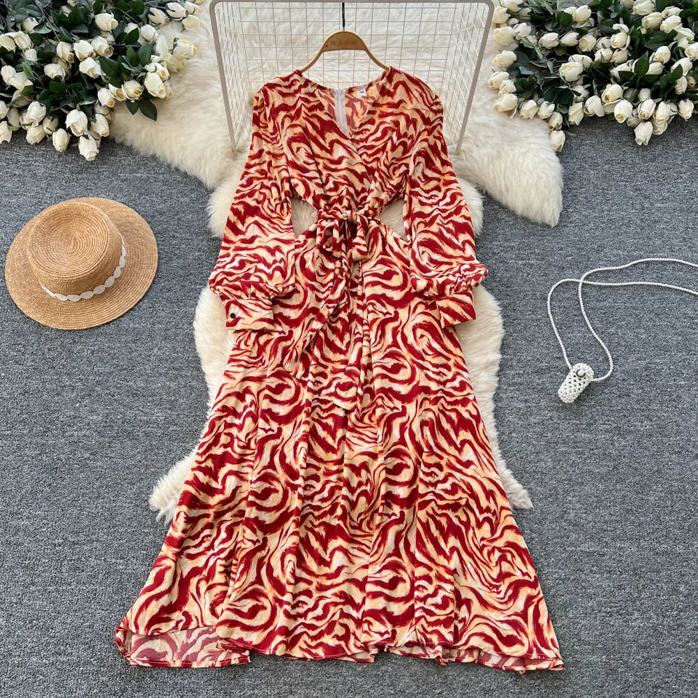 Print Long Sleeve V-Neck Party Dress