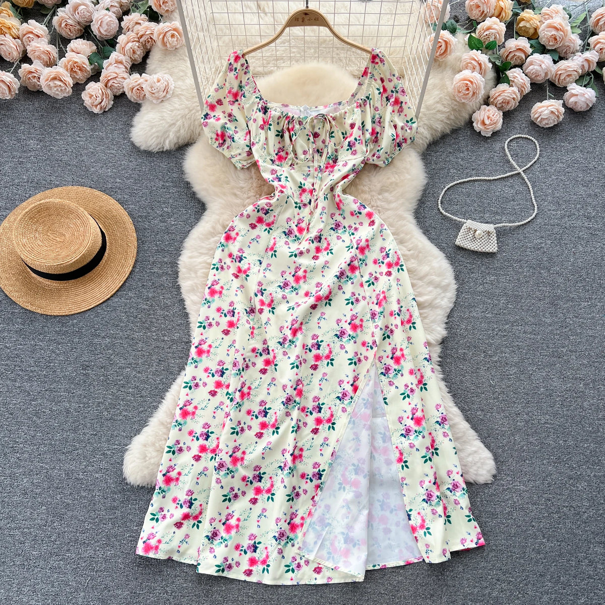 Print Square Neck Puff Sleeve Split Dress
