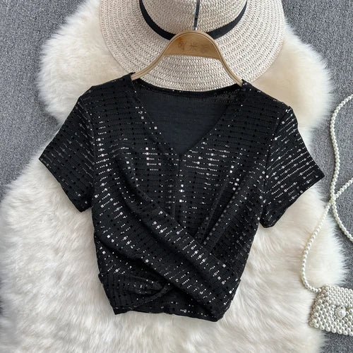 Glitter Sequin Pleated V-Neck Crop Top