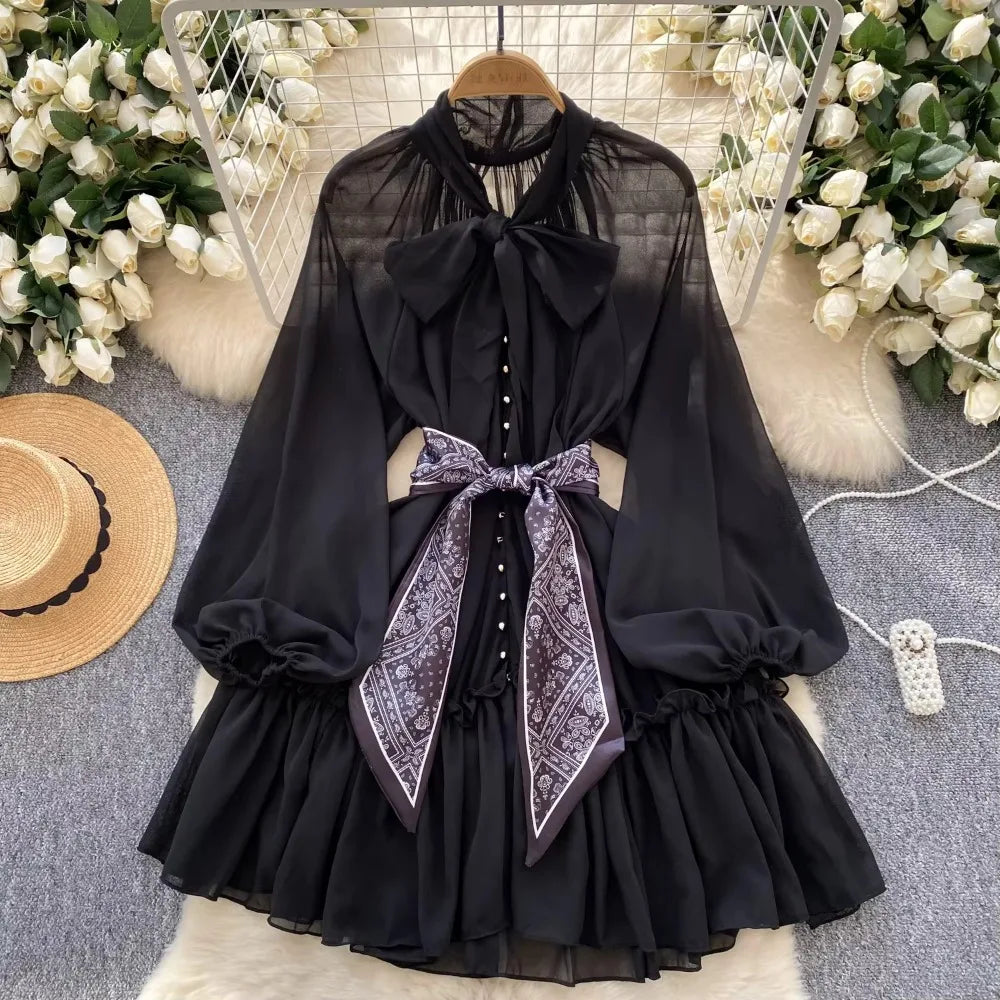 Leopard Mesh Lantern Sleeve Mini Dress