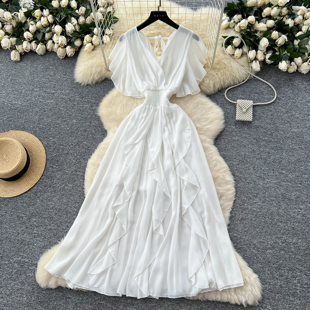 Criss-Cross Chiffon Short Sleeve Gown