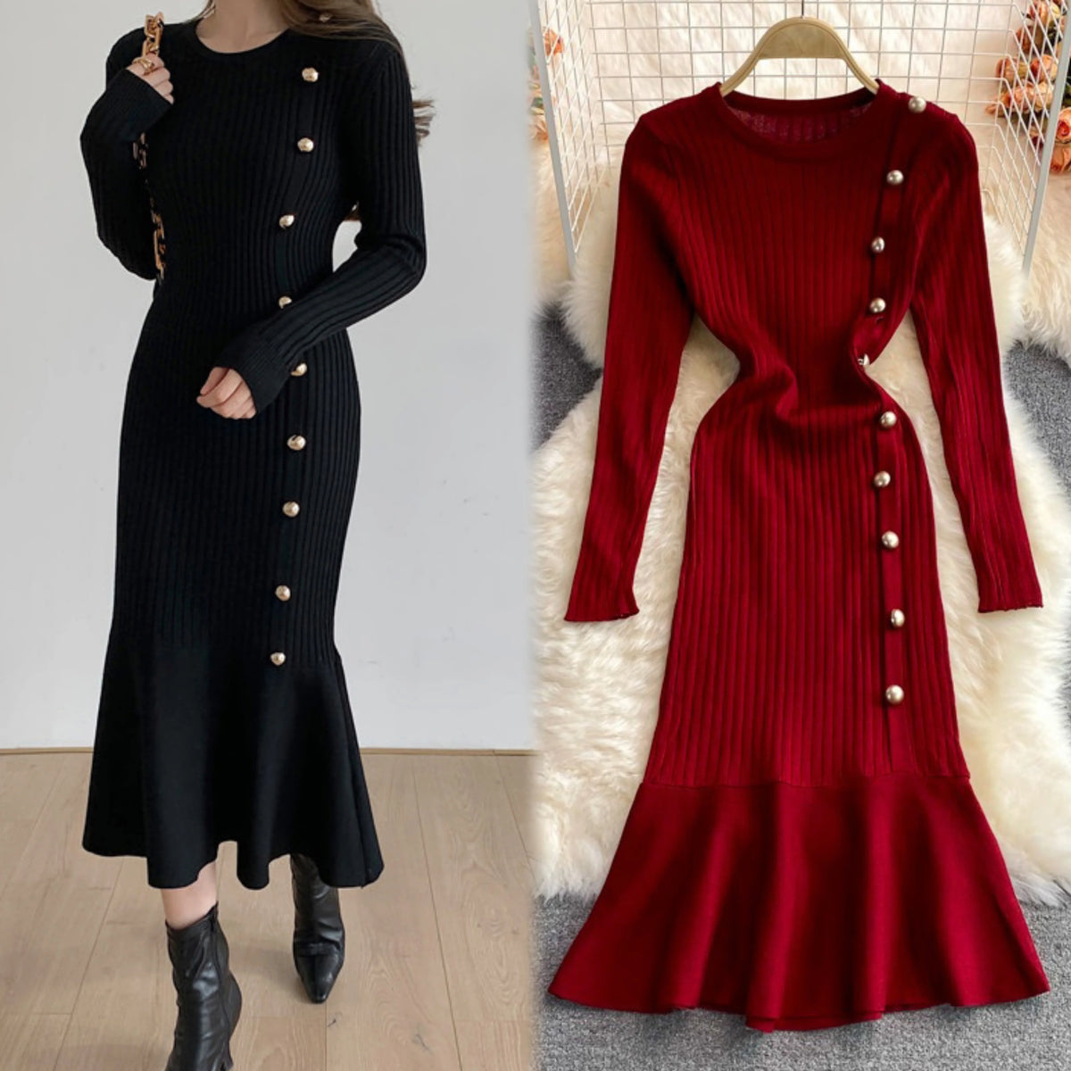 Long Sleeve Button Rib Knit Mermaid Dress