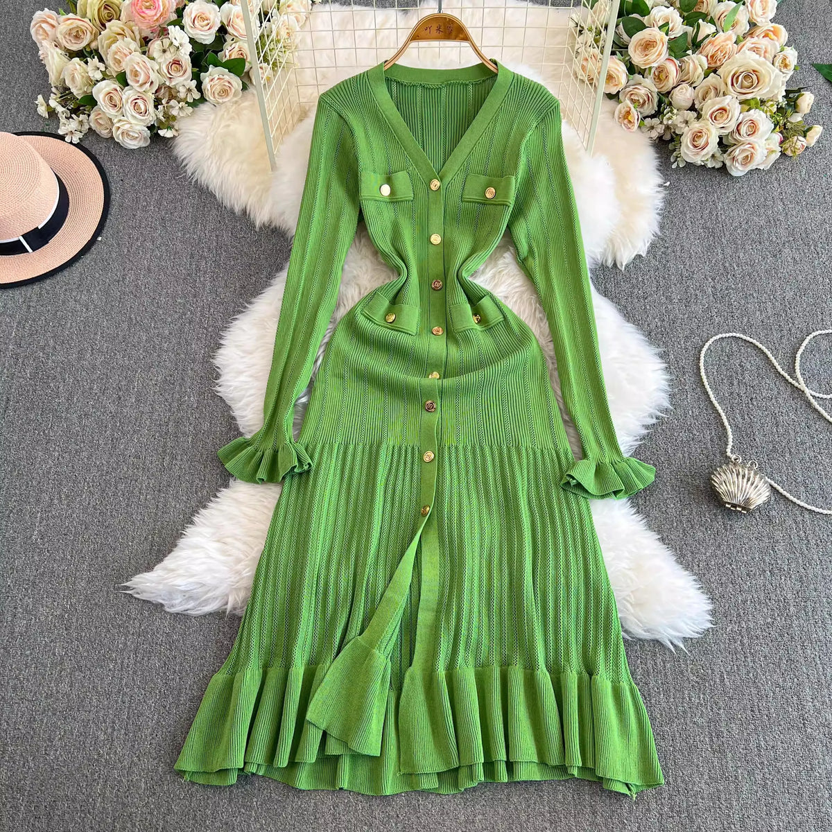 Buttoned V-Neck Knit Mermaid Maxi Dress