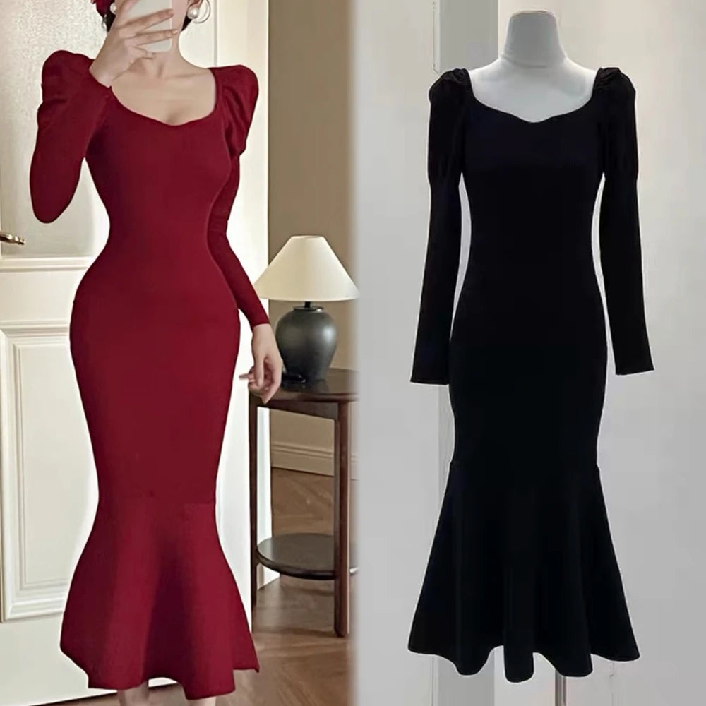 Puff Sleeve Knit Mermaid Maxi Dress