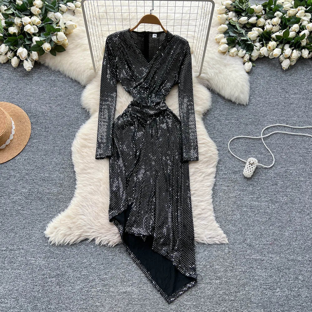 Sequin Asymmetric Long Sleeve A-Line Dress